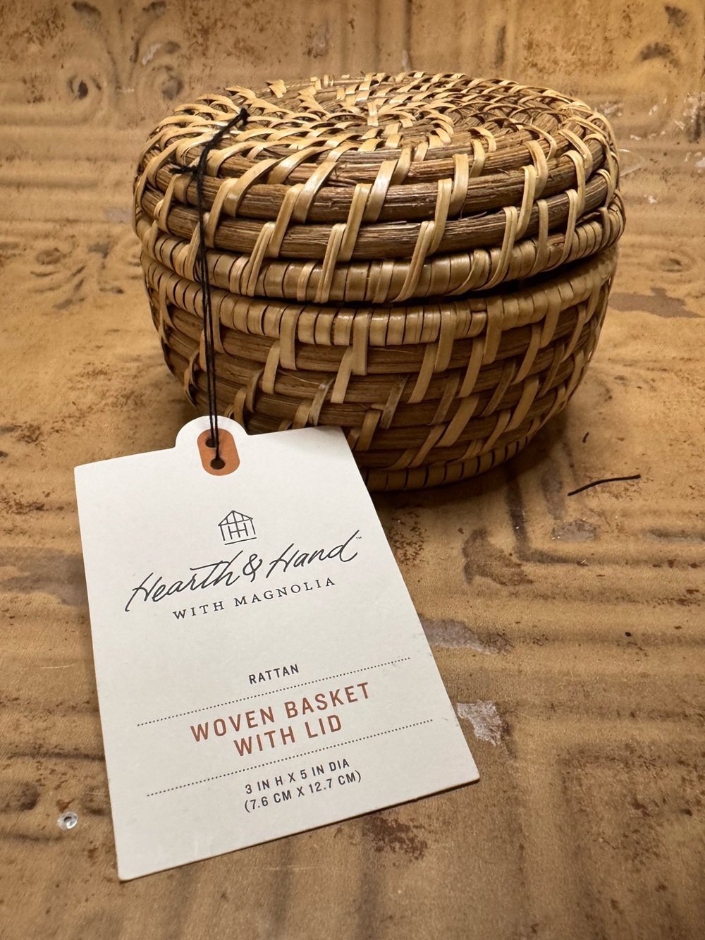 Hearth & Hand Small Natural Tan and Brown Woven Rattan Basket with Lid